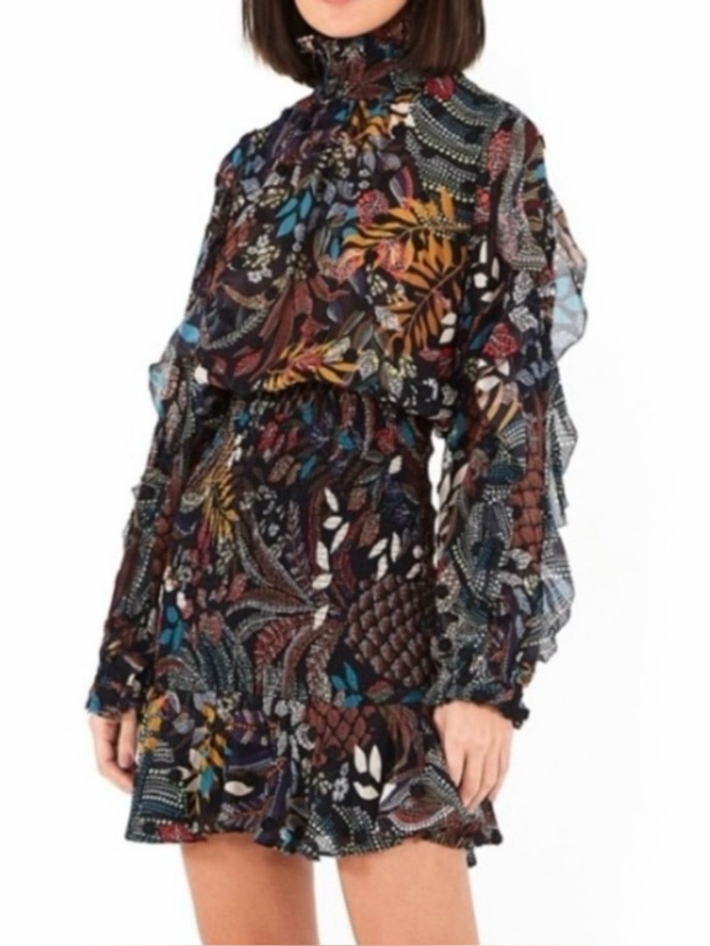 FARM Rio Black Multi Floral Ruffle-Neck Mini Dress